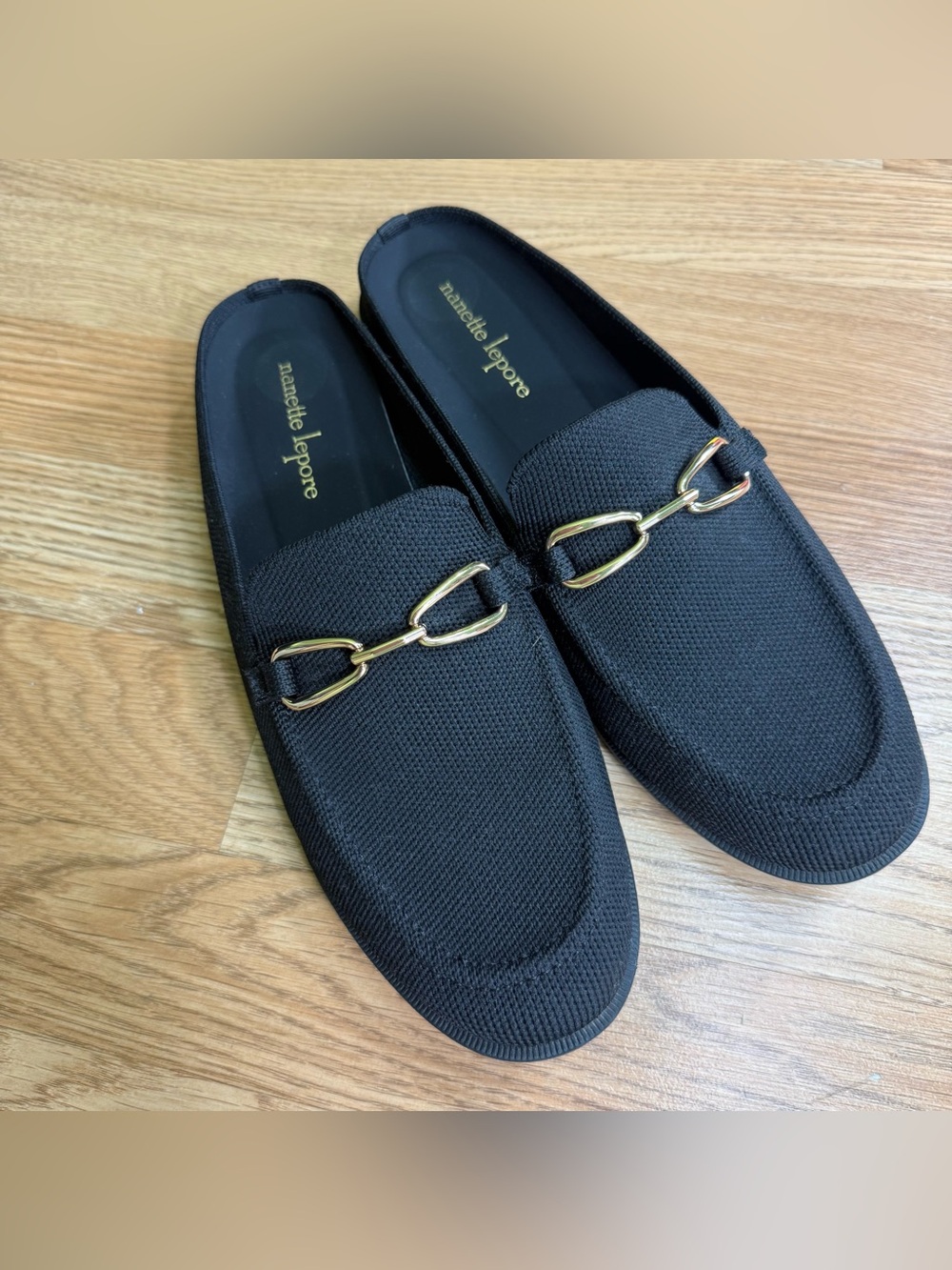 Nanette Lepore Black Knit Slip-On Loafers with Gold Bit Women’s size 8.5